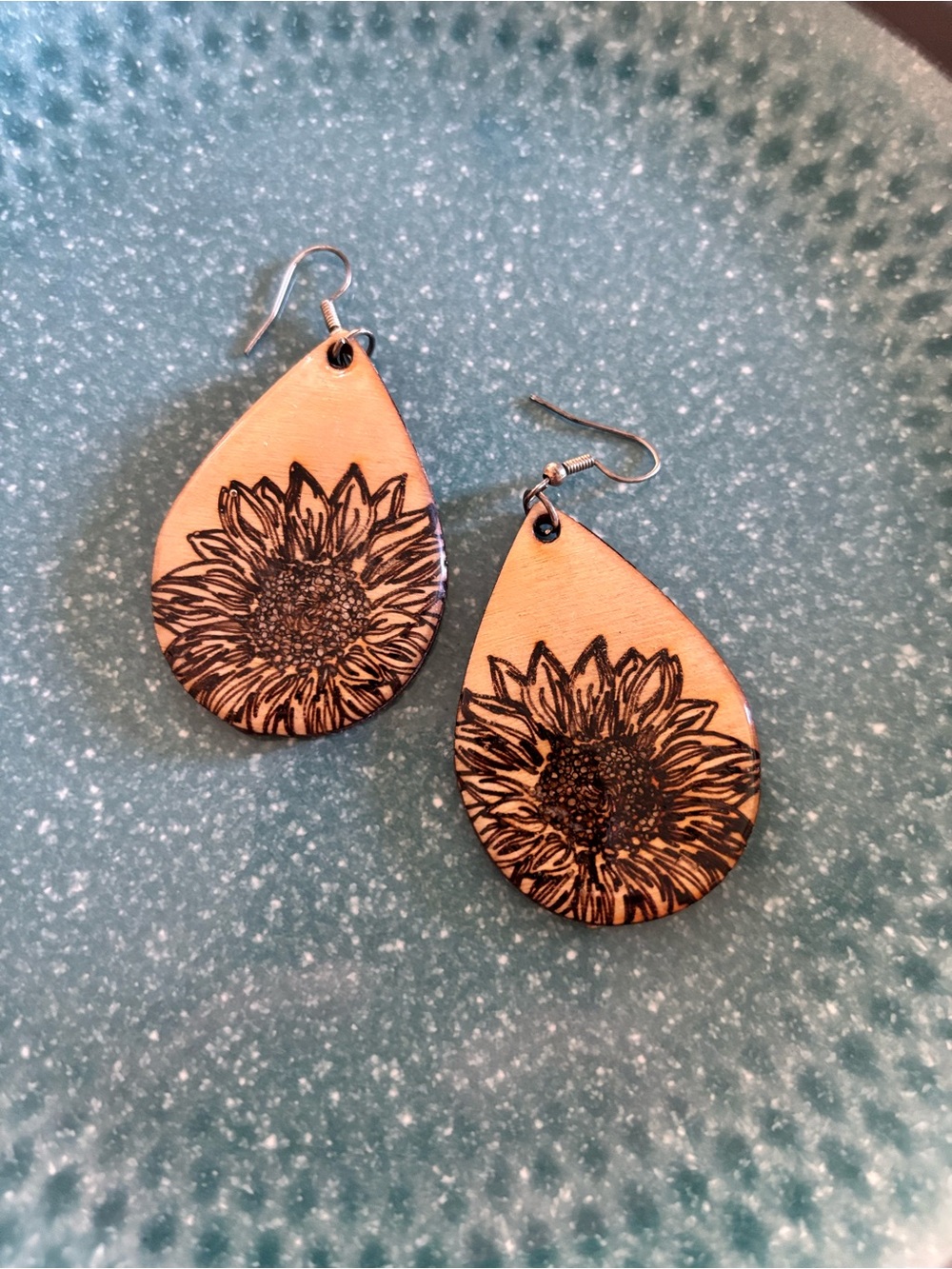Handcrafted Sunflower Teardrop Wood Earrings - Natural and Black